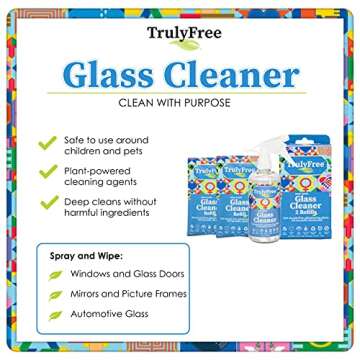 Truly Free Natural Glass Cleaner Spray- Removes Dirt & Debris for Sparkling Clean Windows & Glass Surfaces at Home, Office & Garage, Includes: 1 Refillable Empty Bottle (16oz) & 2 Refills (3oz ea)