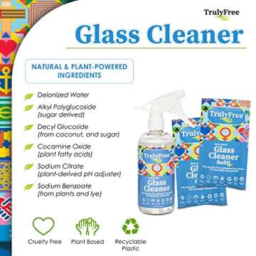 Truly Free Natural Glass Cleaner Spray- Removes Dirt & Debris for Sparkling Clean Windows & Glass Surfaces at Home, Office & Garage, Includes: 1 Refillable Empty Bottle (16oz) & 2 Refills (3oz ea)