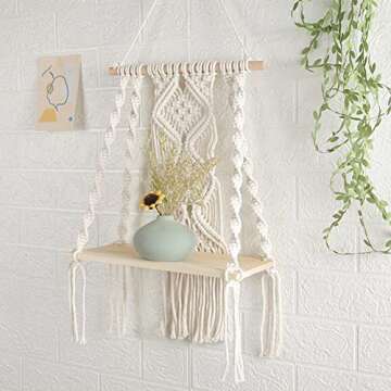 Hiuxume Macrame Wall Hanging Shelf Bohemian for Bedroom - Woven Rope Macrame Wall Art as Boho Bathroom Shelf Decor - Plant Hanger with Crochet Wall Hangings