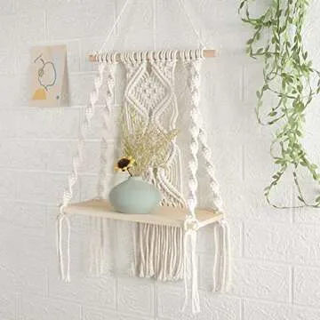Hiuxume Macrame Wall Hanging Shelf Bohemian for Bedroom - Woven Rope Macrame Wall Art as Boho Bathroom Shelf Decor - Plant Hanger with Crochet Wall Hangings