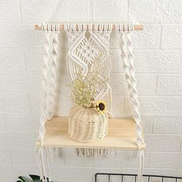 Hiuxume Macrame Wall Hanging Shelf Bohemian for Bedroom - Woven Rope Macrame Wall Art as Boho Bathroom Shelf Decor - Plant Hanger with Crochet Wall Hangings