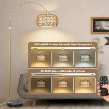 Gold Floor Lamps for Living Room, Arc Floor Lamp with Remote & Dimmable Bulb, Boho Rattan Standing l...