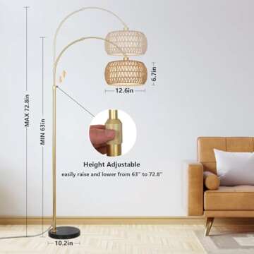 Gold Floor Lamps for Living Room, Arc Floor Lamp with Remote & Dimmable Bulb, Boho Rattan Standing lamp with 3 Color Temperatures, Height Adjustable Tall Lamp for Bedroom, Over Couch Reading Lamp