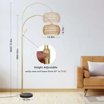 Gold Floor Lamps for Living Room, Arc Floor Lamp with Remote & Dimmable Bulb, Boho Rattan Standing lamp with 3 Color Temperatures, Height Adjustable Tall Lamp for Bedroom, Over Couch Reading Lamp