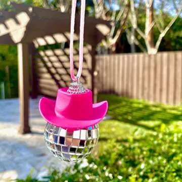 2PCS Car Accessories Hanging Ornament, Pink Mini Western Cowboy Cowgirl Hat Mirror Disco Balls, Car Mirror Rhinestone Hanging Accessories Home Decor Decoration Ornaments, 5x5cm (AAXX)