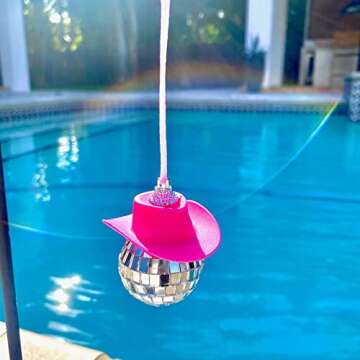 2PCS Car Accessories Hanging Ornament, Pink Mini Western Cowboy Cowgirl Hat Mirror Disco Balls, Car Mirror Rhinestone Hanging Accessories Home Decor Decoration Ornaments, 5x5cm (AAXX)