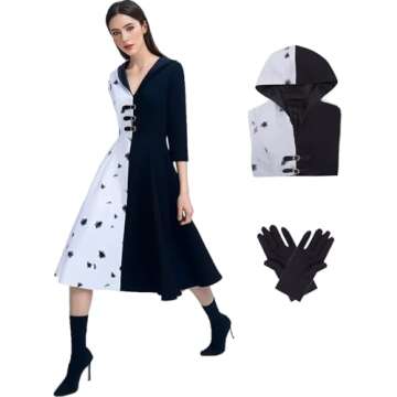 LILLIWEEN Adults Black White Witch Deville Cosplay Costume Dress for Women with Glove Halloween Dalm...