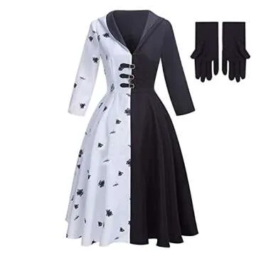 LILLIWEEN Adults Black White Witch Deville Cosplay Costume Dress for Women with Glove Halloween Dalmatian Suit 3XL