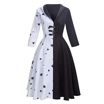 LILLIWEEN Adults Black White Witch Deville Cosplay Costume Dress for Women with Glove Halloween Dalmatian Suit 3XL