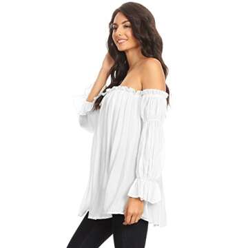 Anna-Kaci Womens Semi Sheer Boho Peasant Long Sleeve Off The Shoulder Top, White, Medium
