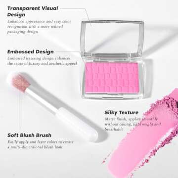 LYBHDAFA Pink Blush Powder Blush for Cheeks with Brush, Matte Blush Palette Blush Powder Face Blusher, Natural Blendable Formula Silky Lightweight Makeup Blush Rubores de Maquillaje, 001#