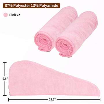 NEXCOVER Hair Towel Microfiber, 2 Pack Pink 9.8 inch X 25.5 inch Hair Wrap,Ultra Absorbent Hair Turbans,Fast Drying Head Towels for Women Wet Hair,Long,Curly,Thick,Frizzy Hair