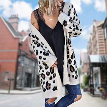 EXLURA Women's Cardigans with Pockets Oversized Loose Leopard Printed Open Front Knitted Kimono Long Sleeve Sweater