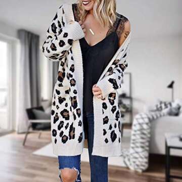 EXLURA Women's Cardigans with Pockets Oversized Loose Leopard Printed Open Front Knitted Kimono Long Sleeve Sweater