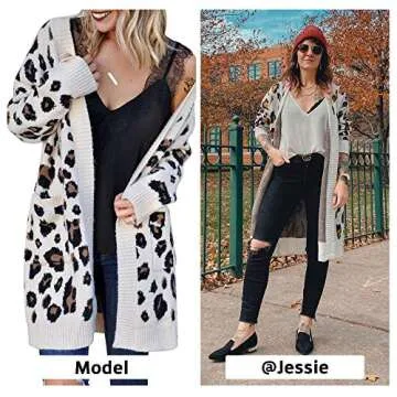 EXLURA Women's Cardigans with Pockets Oversized Loose Leopard Printed Open Front Knitted Kimono Long Sleeve Sweater