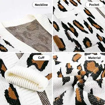 EXLURA Women's Cardigans with Pockets Oversized Loose Leopard Printed Open Front Knitted Kimono Long Sleeve Sweater