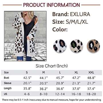 EXLURA Women's Cardigans with Pockets Oversized Loose Leopard Printed Open Front Knitted Kimono Long Sleeve Sweater