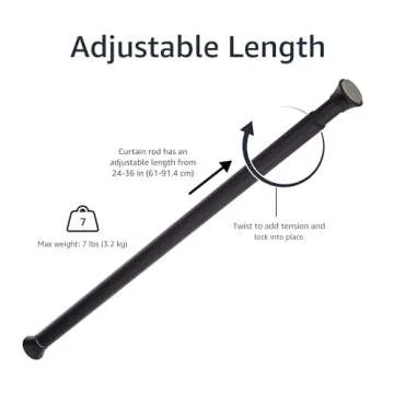 Amazon Basics Tension Curtain Rod, Adjustable 24-36" Width - Black, Classic Finial