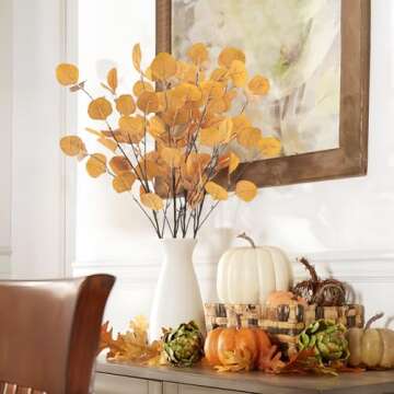 Tepaler 16Pcs Artificial Eucalyptus Leaves Stems 33.8‘’ Eucalyptus Branches Orange Fake Fall Flo...