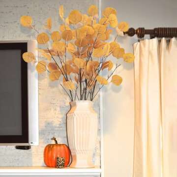 Tepaler 16Pcs Artificial Eucalyptus Leaves Stems 33.8‘’ Eucalyptus Branches Orange Fake Fall Flowers Decor Eucalyptus Plant for Home Fireplace Farmhouse Party Wedding Table Bathroom Autumn Décor