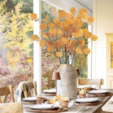 Tepaler 16Pcs Artificial Eucalyptus Leaves Stems 33.8‘’ Eucalyptus Branches Orange Fake Fall Flowers Decor Eucalyptus Plant for Home Fireplace Farmhouse Party Wedding Table Bathroom Autumn Décor