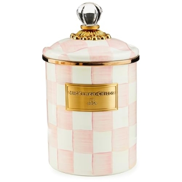 MACKENZIE-CHILDS Rosy Check Enamel Canister - Stylish Pink-and-White Kitchen Storage Container with ...