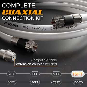 G-PLUG 15FT RG6 Coaxial Cable Connectors Set – High-Speed Internet, Broadband and Digital TV Aeria...