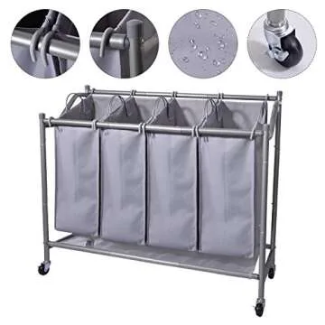 Sturdy Laundry Sorter Cart - Rolling 4-Bag Hamper