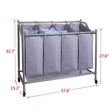 Sturdy Laundry Sorter Cart - Rolling 4-Bag Hamper