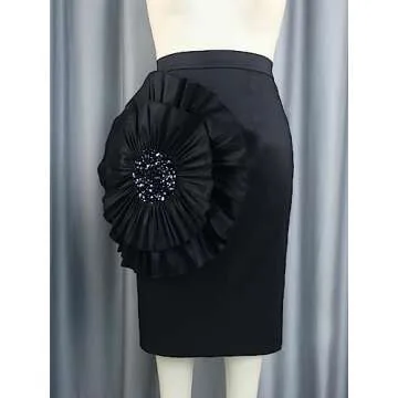 ONTINVA Stylish Women Black Bodycon Midi Skirt with Big Flower Sequins High Waist Fitted Skirts Party Club (Black,M,Medium)