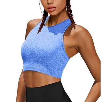 OQQ Women's Seamless Crop Top Gym Workout Racerback Fitness Running Padded Yoga Sports Bra Blue