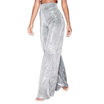 Velius Women's Sexy Metallic Sparkly Wide Leg Pants Trousers Clubwear (Medium, Silver)