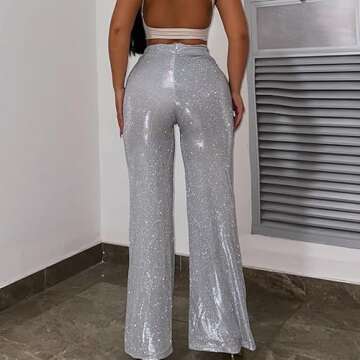 Velius Women's Sexy Metallic Sparkly Wide Leg Pants Trousers Clubwear (Medium, Silver)