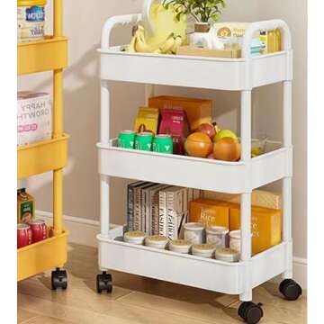 3-Tier Plastic Rolling Utility Cart Storage Cart Organizer with Wheels Small Laundry Room Cart for D...