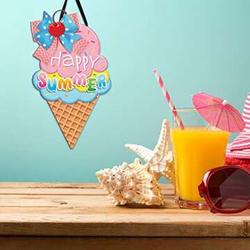 2 Pieces Ice Cream Sandbeach Hanging Sign Happy Summer Wood Sign Sweet Summer Wood Ornaments Summer Welcome Sign Door Wood Hanging Sign for Summer Holiday Party Home Door Wall Window Decor (Ice Cream)