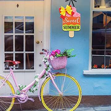 2 Pieces Ice Cream Sandbeach Hanging Sign Happy Summer Wood Sign Sweet Summer Wood Ornaments Summer Welcome Sign Door Wood Hanging Sign for Summer Holiday Party Home Door Wall Window Decor (Ice Cream)