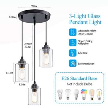 SKEJAO 3-Light Pendant Lighting,3 Pendant Light Fixture for Kitchen Island,Dining Lamp Ceiling Hangi...