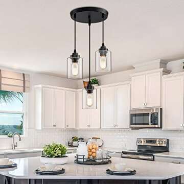 SKEJAO 3-Light Pendant Lighting,3 Pendant Light Fixture for Kitchen Island,Dining Lamp Ceiling Hanging,with Adjustable Cord and Glass Shade for Farmhouse Living Dining Room Bar,Black