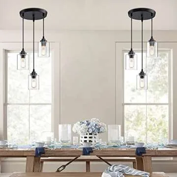 SKEJAO 3-Light Pendant Lighting,3 Pendant Light Fixture for Kitchen Island,Dining Lamp Ceiling Hanging,with Adjustable Cord and Glass Shade for Farmhouse Living Dining Room Bar,Black