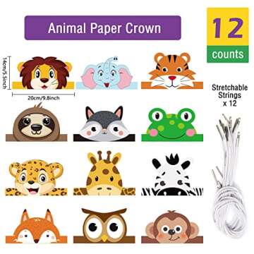 chiazllta 12 Pieces Jungle Safari Hats Wild One Birthday Paper Crowns Zoo Animal Party Headbands for...