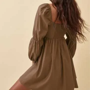EXLURA Womens Square Neck Dress Long Puff Sleeve A-Line Casual Short Mini Dress Brown