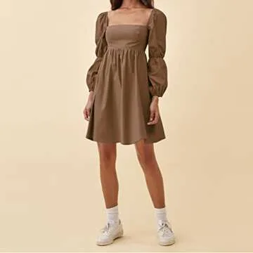 EXLURA Womens Square Neck Puff Sleeve Mini Dress