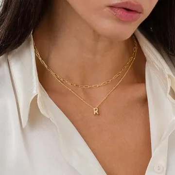 Turandoss Gold Necklace for Women - Bubble Letter Necklace, Dainty Gold Balloon Layered Initial Letter R Choker Necklaces for Women Trendy, Paperclip Chain Necklace Gold Jewelry Women