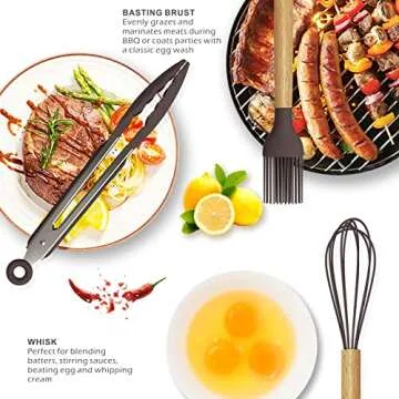 Silicone Cooking Utensils Set - 446°F Heat Resistant Silicone Kitchen Utensils for Cooking,Kitchen Utensil Spatula Set w Wooden Handles and Holder for Non-Stick Cookware, BPA FREE (Coffee)