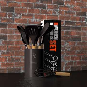 Silicone Cooking Utensils Set - 446°F Heat Resistant Silicone Kitchen Utensils for Cooking,Kitchen Utensil Spatula Set w Wooden Handles and Holder for Non-Stick Cookware, BPA FREE (Coffee)