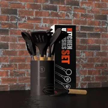 Silicone Cooking Utensils Set - 446°F Heat Resistant Silicone Kitchen Utensils for Cooking,Kitchen Utensil Spatula Set w Wooden Handles and Holder for Non-Stick Cookware, BPA FREE (Coffee)