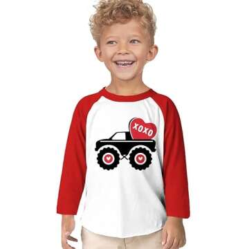 Valentine's Day Shirt for Boys Girls Monster Truck Heart Tops Toddler Kids Long Sleeve Raglan Tees