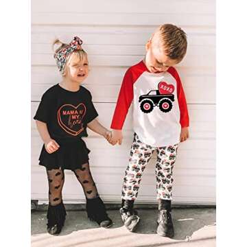 Valentine's Day Shirt for Boys Girls Monster Truck Heart Tops Toddler Kids Long Sleeve Raglan Tees