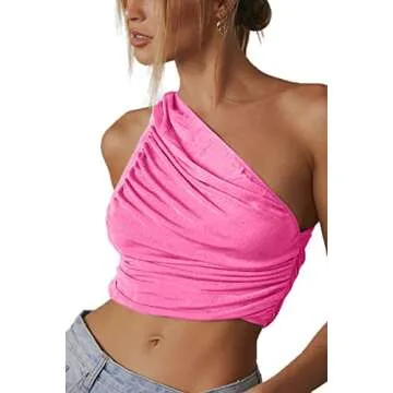 CHYRII Womens Sexy Casual Summer Crop Tops Ruched One Shoulder Tank Tops Party Club Tops Pink M