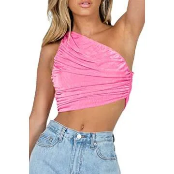 CHYRII Womens Sexy Casual Summer Crop Tops Ruched One Shoulder Tank Tops Party Club Tops Pink M